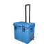A blue cooler box with wheels and a retractable handle, designed for transporting drinks and food.