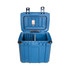 A blue cooler box with a hinged lid, featuring two compartments and an inner basket, includes a logo.