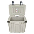 A 31L cooler box in grey with wheels and an open lid, featuring a sturdy design and a logo.