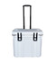 A white 31L cooler box with wheels and a retractable handle, featuring clips for secure closure.