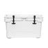 A white cooler box with black latches, featuring a sturdy design and a top lid.
