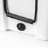 A white cooler box with a black handle and a drainage plug at the base, featuring a branding logo.