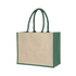 A laminated jute supermarket bag featuring a natural tan body with green handles and gussets. It has a logo.