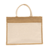 Laminated jute beach bag in tan and cream with cotton handles and a front pocket. Features a logo.