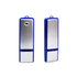 A blue USB flash drive with a metallic silver casing and a small loop for attachment. It has a logo on the side.