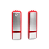 A red and silver USB flash drive with a sleek design and a branding logo on the surface.