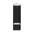 A black USB flash drive with a shiny metal accent and a small keyring attachment. It features a logo on the surface.