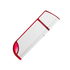 A silver USB flash drive with a red accent, featuring a sleek, modern design and a logo.