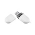 A white USB flash drive with a removable cap, featuring a silver connector and a branding logo.
