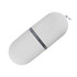A silver USB flash drive in a capsule shape, featuring a metallic band and a loop for attachment.