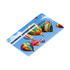 A colourful flash drive resembling a credit card, featuring vibrant hot air balloons against a blue sky.