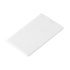A white credit card flash drive with a slim design and a pull-out connector, featuring a branding logo.