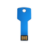 A blue flash drive designed like a key, featuring a hole for keyring attachment and gold connectors at the base.