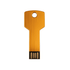 A golden key-shaped flash drive with a black connector at the base and a hole for attaching to keyrings.