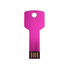 A pink USB flash drive shaped like a key, featuring a hole for attachment and a simple design.