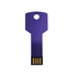 A purple key-shaped flash drive with a gold connector. It features a hole for easy attachment and has a sleek design.