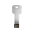 A silver, key-shaped USB flash drive with a textured surface and a black connector end. It features a logo.