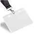 A clear PVC pocket badge holder with a black lanyard and a metal clip for attachment.