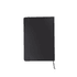 A5 notebook in black featuring an elastic band closure and a ribbon bookmark, with a logo on the cover.