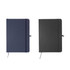 A fabric-covered A5 notebook in navy blue and black, featuring an elastic band closure and ribbon bookmark.