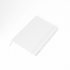 A white notebook with a textured cover and an elastic band closure, featuring a logo on the front.