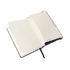 A5 Premium Hard Cover Notebook with a black exterior, featuring blank white pages and a ribbon bookmark inside.