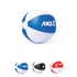 A beach ball with blue, white, and red sections, featuring a logo. Also shown are two additional beach balls in different colours.