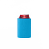 A bright blue stubby cooler holds a red can. The cooler features a simple design and includes a logo.