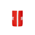A red stubby holder with a white seam and a logo. Ideal for keeping drinks cool.