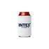 A white collapsible stubby cooler featuring a geometric pattern and a logo, designed to hold a beverage can.