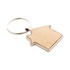 A house-shaped keyring made of bamboo with a silver metal ring, featuring a smooth, natural wood finish.