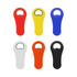 A drink bottle opener in paddle shape, available in red, yellow, blue, white, orange, and black, with a logo.
