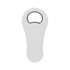 A drink bottle opener with a paddle shape, featuring a white finish and a metal insert for bottle caps.
