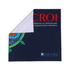 A small microfibre cleaning cloth featuring vibrant colours and a decorative pattern, with a logo in the corner.