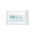 A clear plastic pouch containing a white item, featuring a logo and text in blue and turquoise.