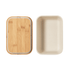 A natural bamboo lunch box with a beige container and a wooden lid. The design is simple and eco-friendly.