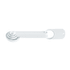 A set of four white measuring spoons, featuring different sizes, attached together with a ring.
