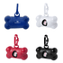 A collection of four bone-shaped dog waste bag dispensers in blue, white, red, and black, featuring a clip for attachment.