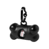 A black dog waste bag dispenser in a bone shape, featuring a clip for easy attachment.