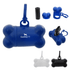 A blue bone-shaped dog waste bag dispenser with a clip and a roll of bags inside. Features a logo on the side.
