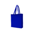 A bright blue tote bag with two handles and a simple design, featuring a logo on one side.