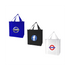 Three tote bags in blue, black, and white, each featuring a different logo on the front.