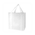 A white tote bag with sturdy handles and a spacious design. It features a logo on one side.
