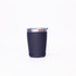 A drink bottle in navy blue with a stainless steel rim and a clear lid, featuring a logo.