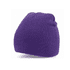 A purple acrylic beanie hat with a ribbed texture and a small logo.