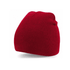 A red acrylic beanie hat with a snug fit, featuring a simple design and textured ribbed pattern.