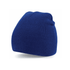 Acrylic beanie hat in bright blue, featuring a snug fit and ribbed texture. Includes a branding logo.