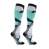 Knee high sublimated socks featuring a design in teal, grey, and black with a logo.