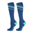 Knee high socks in dark blue with teal stripes and a branding logo. Ideal for sports or casual wear.