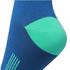 Knee high socks in blue with a green heel and toe section, featuring a logo.